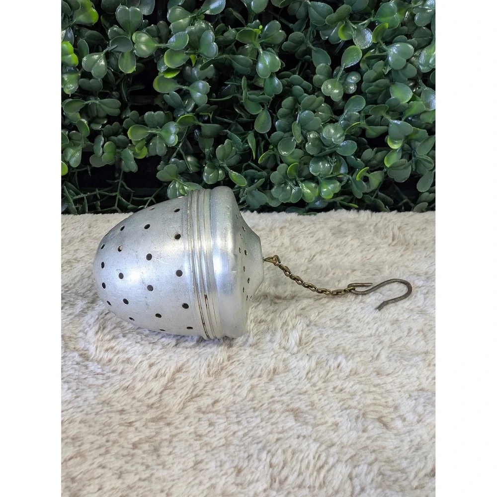 Vintage Aluminum Acorn Tea Infuser Ball Strainer with Chain and Hook Silver Tone